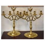 Pair of large 20th Century cast brass four branch candelabra, each standing on a knopped stem and