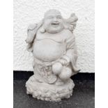 Reconstituted garden ornament of Hotei or Budai, the bald portly figure holding a wine gourd, 47cm