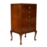 20th Century mahogany six-drawer music cabinet with drop fronts, the uppermost with plaque for