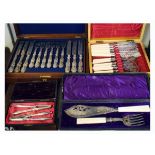 Cased flatware to include; Victorian mahogany-cased one dozen tea knives and forks, oak-cased fish