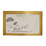 Etched wall mirror depicting a carriage-driving scene to the rectangular plate, 49.5cm x 75cm,