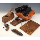 Pair of binoculars, vintage block plane, Royal Field Artillery pocket knife etc Condition: