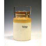 Early 20th Century two-tone stoneware storage jar printed 'Ointment Anti-Gas' with metal fixings