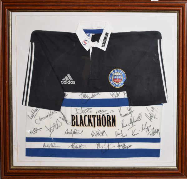 Sporting Memorabilia - Signed Bath Rugby shirt with over 20 signatures to include Jeremy Guscott,