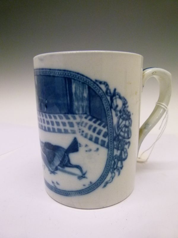 19th Century English blue and white transfer printed mug, the oval reserve decorated with a cock - Bild 4 aus 8