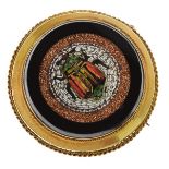 19th Century scarab micromosaic brooch, set in goldstone border, to an unmarked round mount, 4.2cm