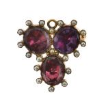 Victorian brooch, unmarked, of trefoil design with foil backed stones and pearl (untested and