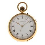 Edward VII 18ct gold open faced pocket watch, with stopwatch action, Spiridion & Sons, Cardiff,