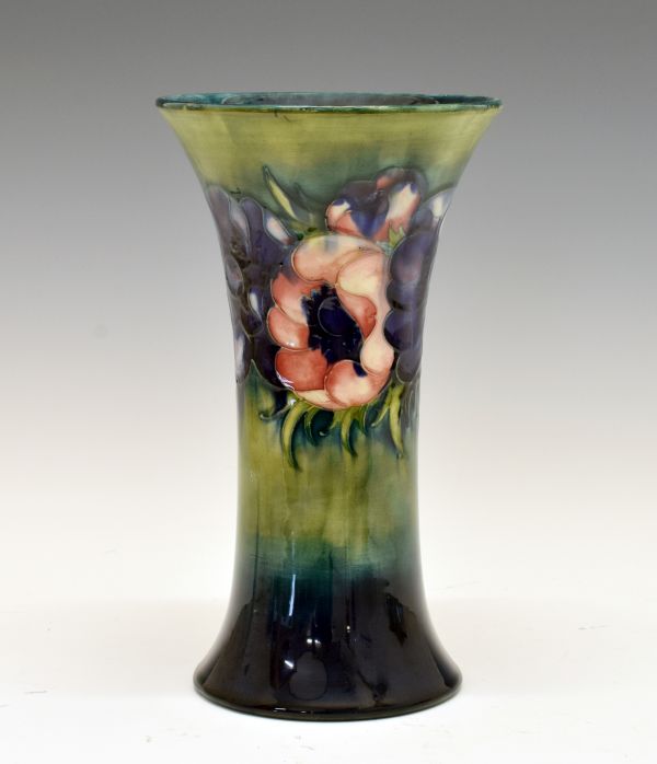 Mid 20th Century Moorcroft vase decorated with an anemone pattern on a green and blue mottled
