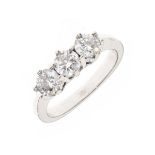 Three stone diamond 18ct white gold ring, the uniform brilliant cuts totalling approximately 0.8