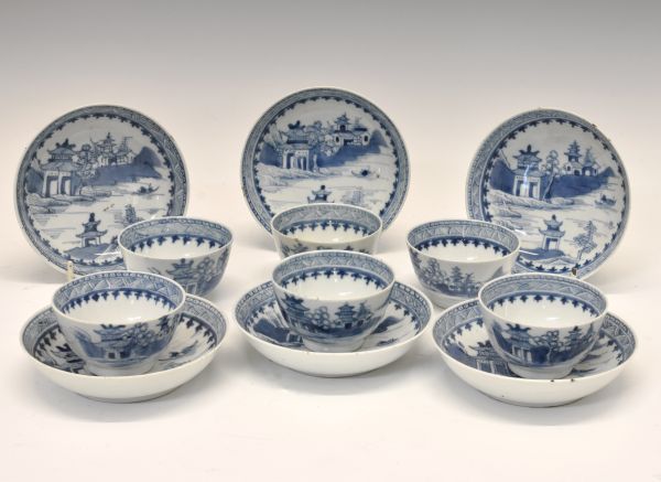 Set of six 19th Century Chinese export blue and white painted tea bowls and saucers, each