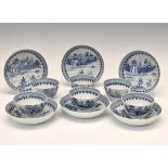 Set of six 19th Century Chinese export blue and white painted tea bowls and saucers, each
