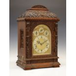 Early 20th Century German carved oak three-train chiming bracket clock, Winterhalder & Hoffmeier,