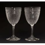 Pair of fine quality late 19th Century cut and engraved glass goblets, probably Stourbridge, each