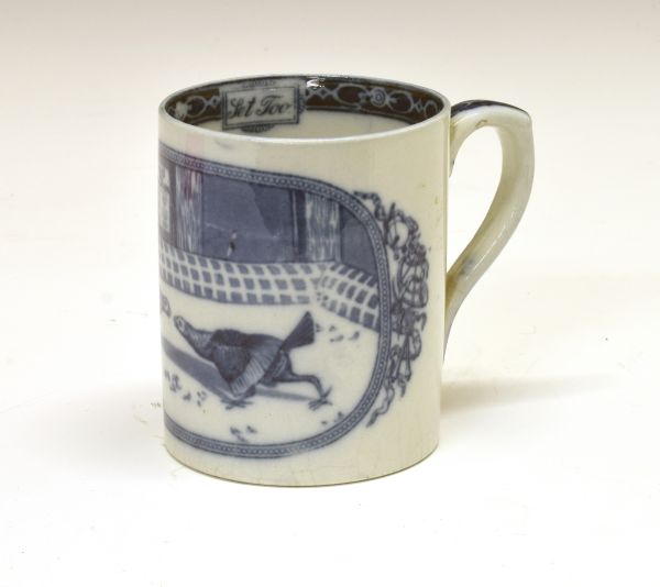 19th Century English blue and white transfer printed mug, the oval reserve decorated with a cock