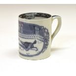 19th Century English blue and white transfer printed mug, the oval reserve decorated with a cock