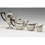 Edward VII silver four piece tea service comprising: teapot, coffee pot, two handled sugar basin and