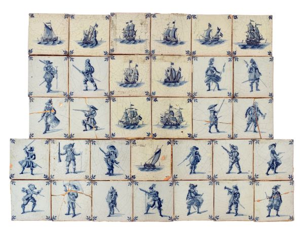 Collection of thirty-three 19th Century Dutch Delft blue and white painted tiles, comprising: