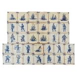 Collection of thirty-three 19th Century Dutch Delft blue and white painted tiles, comprising: