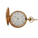 American yellow metal-cased full hunter pocket watch, Waltham, the white dial with black Roman hours