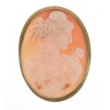 Late Victorian shell cameo brooch, stamped '15ct', carved as a female in profile with a butterfly on