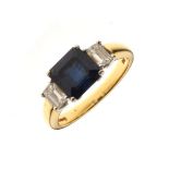 Sapphire and diamond three stone 18ct gold ring, the square cut sapphire measuring approximately 7mm