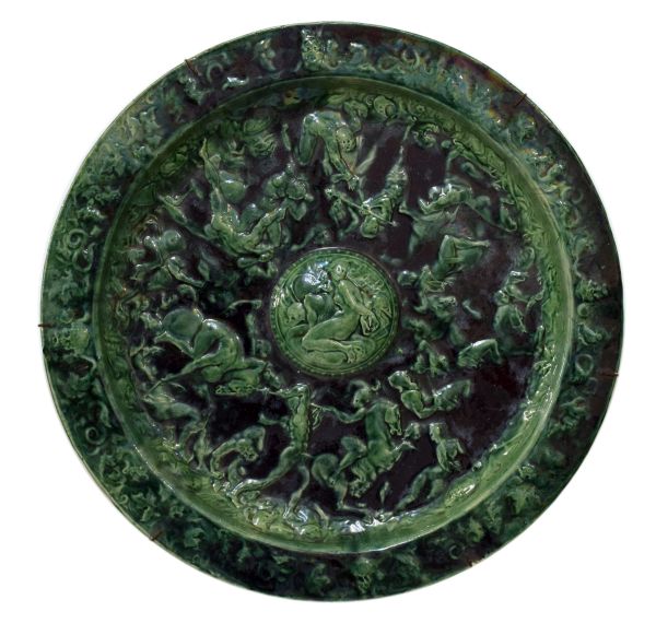 19th Century Continental green glazed majolica plaque decorated in relief with the Rape Of The