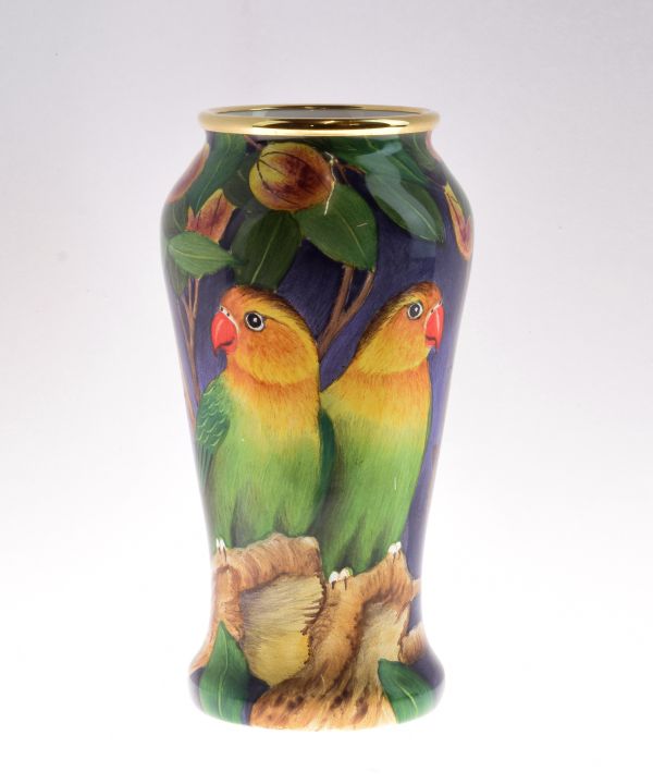 C.A. Bradley for Moorcroft - Limited edition painted enamel vase 'Lovebirds', No.69/100, the