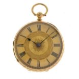 George V 18ct gold open faced fob watch, the gilt Roman dial with engraved centre, engraved rear