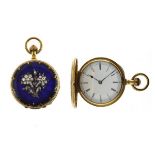Lady's yellow metal, diamond and enamel fob watch, with white Roman dial, anonymous top-wind