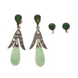 Pair of jade and diamond drop earrings, the tear shaped stone approximately 1.4cm long, to an