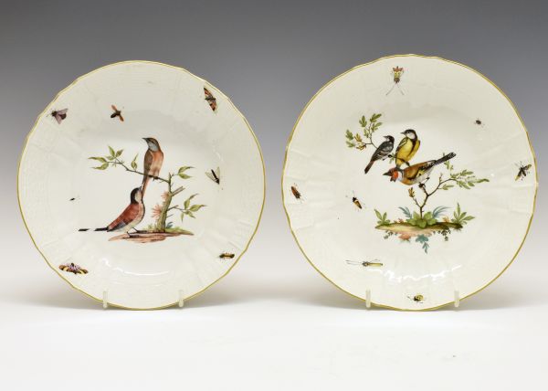 Pair of 19th Century Meissen porcelain shallow bowls, each painted with birds and insects within a