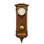 Late 19th Century figured walnut-cased weight-driven Vienna-style wall clock, the white Roman dial