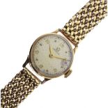 Omega - Lady's 9ct gold cased bracelet wristwatch, the silvered dial with Arabic numerals, the