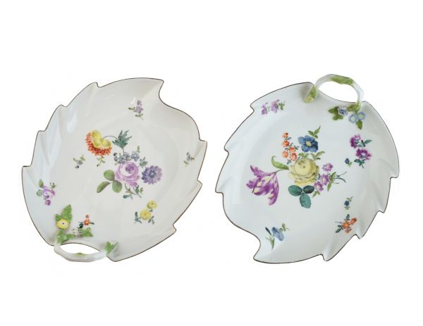 Pair of 19th Century Meissen porcelain leaf shaped dishes, each having polychrome painted floral
