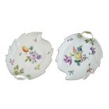 Pair of 19th Century Meissen porcelain leaf shaped dishes, each having polychrome painted floral