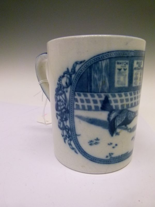 19th Century English blue and white transfer printed mug, the oval reserve decorated with a cock - Bild 2 aus 8