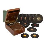 HMV teak cased portable gramophone Model 101 or Colonial Model, 41cm x 28.5cm, together with a