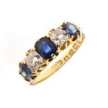Victorian five stone diamond and sapphire 18ct gold ring, Birmingham 1882, the two old brilliant