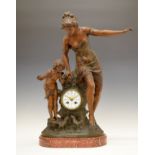 Early 20th Century French bronzed spelter figural mantel clock, A.D. Mougin, Paris, retailed by