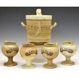Three 19th Century apothecary's creamware syrup jars, each having a painted title cartouche, moulded
