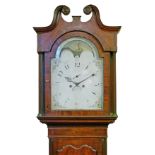 19th Century mahogany-cased eight day painted dial longcase clock, the 14-inch break-arch painted