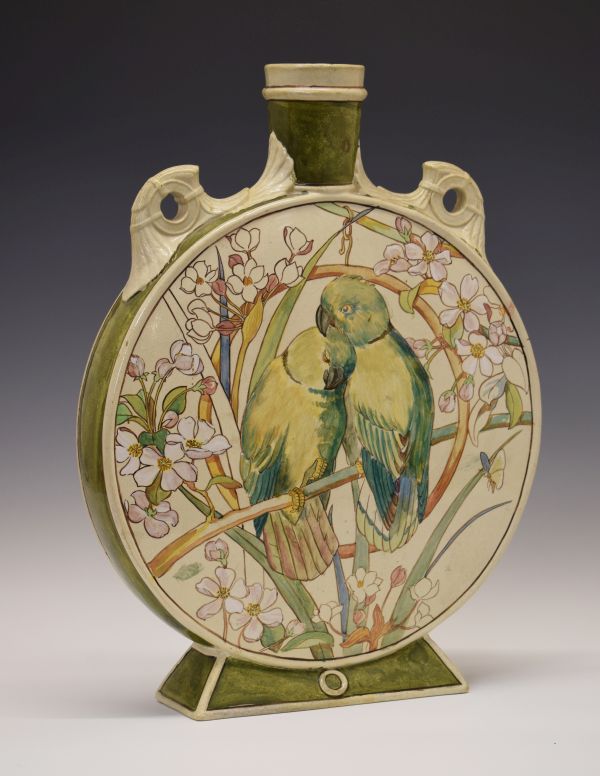 19th Century Minton Art Pottery Studio pilgrim flask vase having two moulded handles to the