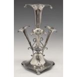 George V silver four trumpet epergne, the central trumpet surrounded by three smaller trumpets, each