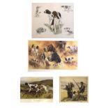 Six assorted prints to include; four of gun dogs, the first a huntsman with spaniel signed Henry