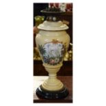 Painted opaque glass paraffin lamp base decorated with a bird in landscape, with Wright & Butler