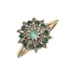 9ct gold diamond and green stone cluster ring, size O, 2.8g gross approx Condition: