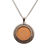 Gold Coin - Elizabeth II half sovereign, 2002, in a 9ct white gold pendant mount with chain, 12.8g
