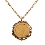 Gold Coin - Victorian half sovereign, 1876, in a decorative 9ct gold pendant mount, with chain, 14.