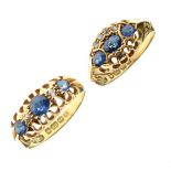 Two 18ct gold dress rings, each set diamonds and sapphire coloured stones, 7.3g gross approx